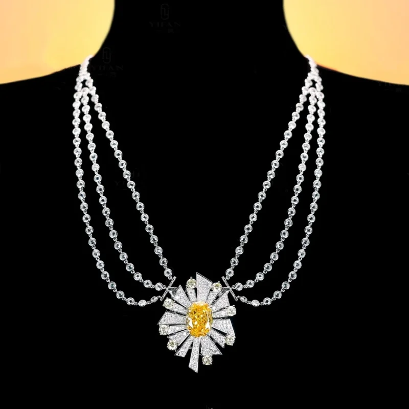 Bellux Pendant Chain 925 Silver Synthetic Zircon Designer Flower Oval Yellow Diamond Topaz Multi layer Necklace