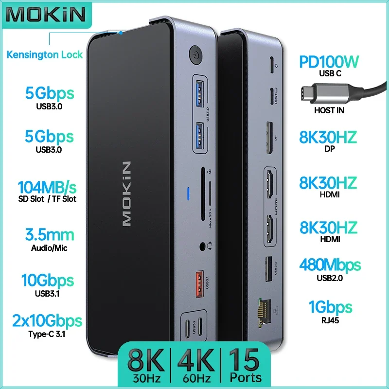 

MOKiN 15-in-1 USB C Docking Station HDMI DP USB 3.0 3.1 SD/TF RJ45 Audio PD for Mac iPad Laptop 8K 30HZ, Three Channels 4K 60HZ