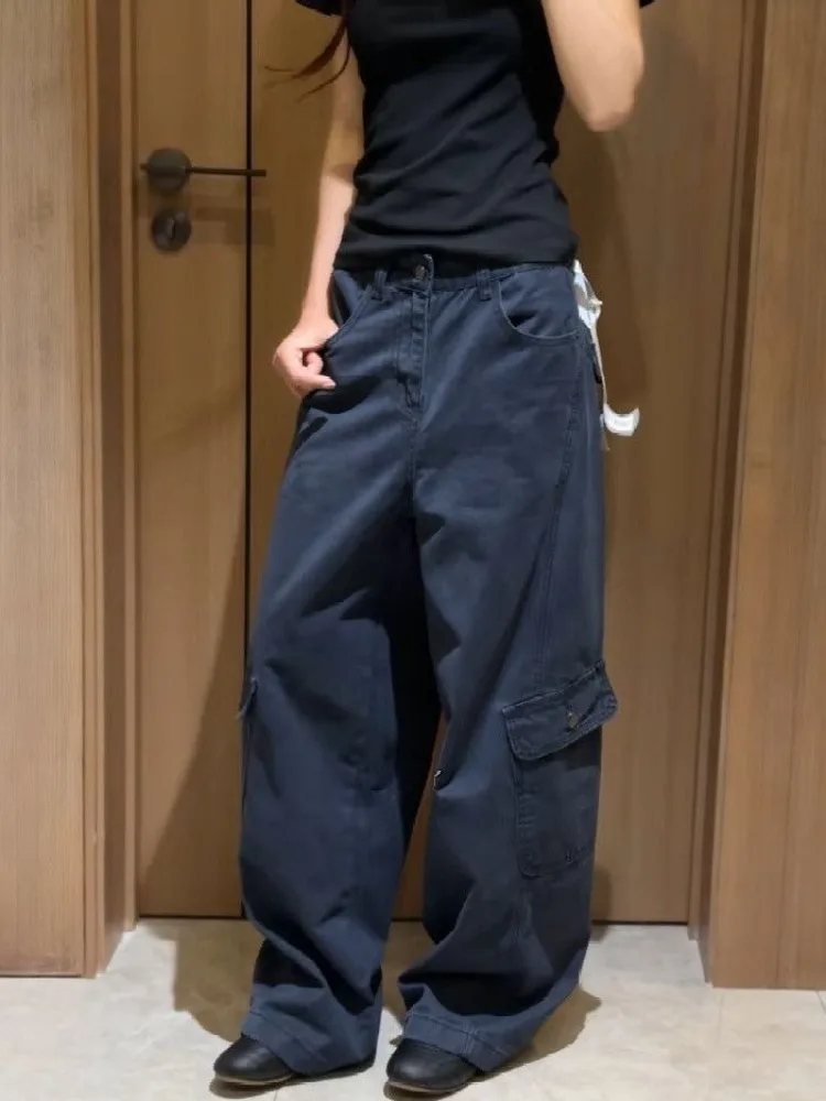 Y2K Vintage Washed Multi Pocket High Waist Wide Leg Cargo Denim Jeans Women Loose Fit Slim Fit Casual Daily Streetwear Outfit