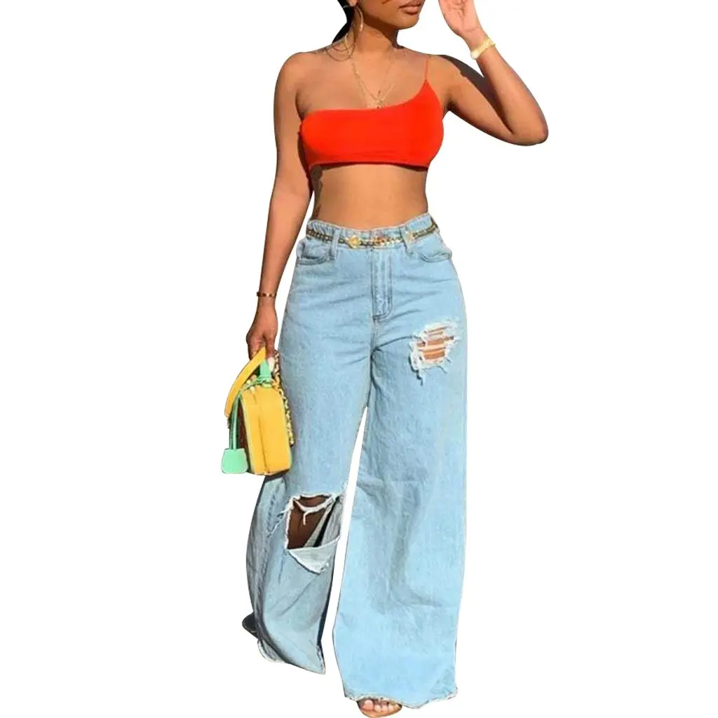 Z060 Jeans soltos rasgados assimétricos femininos Sexy estilo europeu e americano local independente de para mulheres