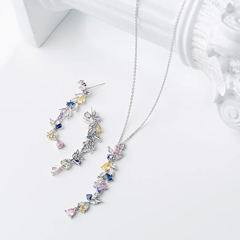 

New Colorful Zircon Inlaid Flower Tassel Necklace Earrings Jewelry Set Dopamine Sweet Collarbone Chain Choker