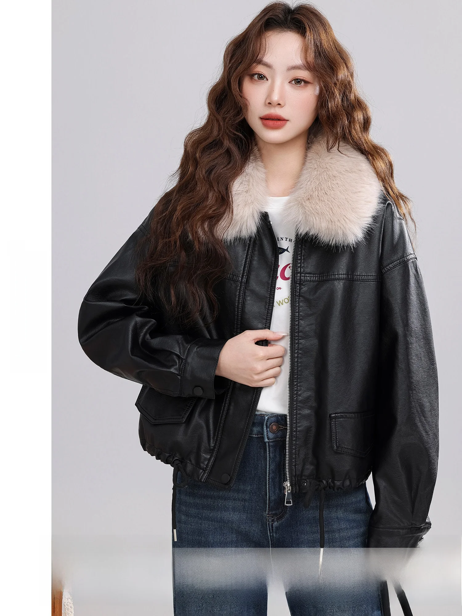 

Ele Faux Fur Collar Fce Lined Bla Leather Jaet Winter New Sle Youth Women's Coat Vintage Sle Windproof Long Sl...