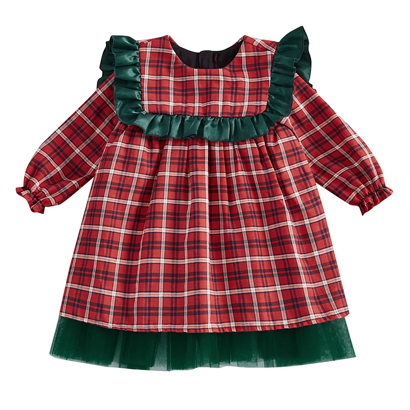 

Little Girl Christmas Dress Plaid Frill Trim Round Neck Ruffle Sleeve Patchwork Tulle Dress for Winter Fall