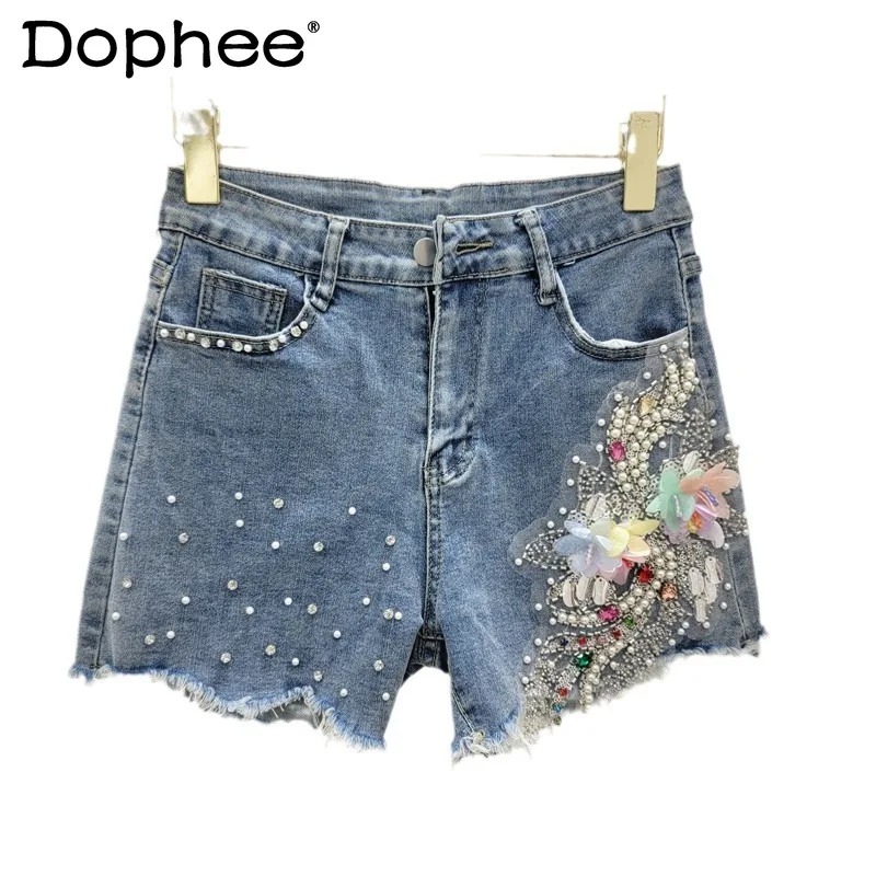 Summer Heavy Industry Beads Three-Dimensional Flower Hot Pants High Waist Loose Elastic Wide-Leg Denim Shorts Women Clothing