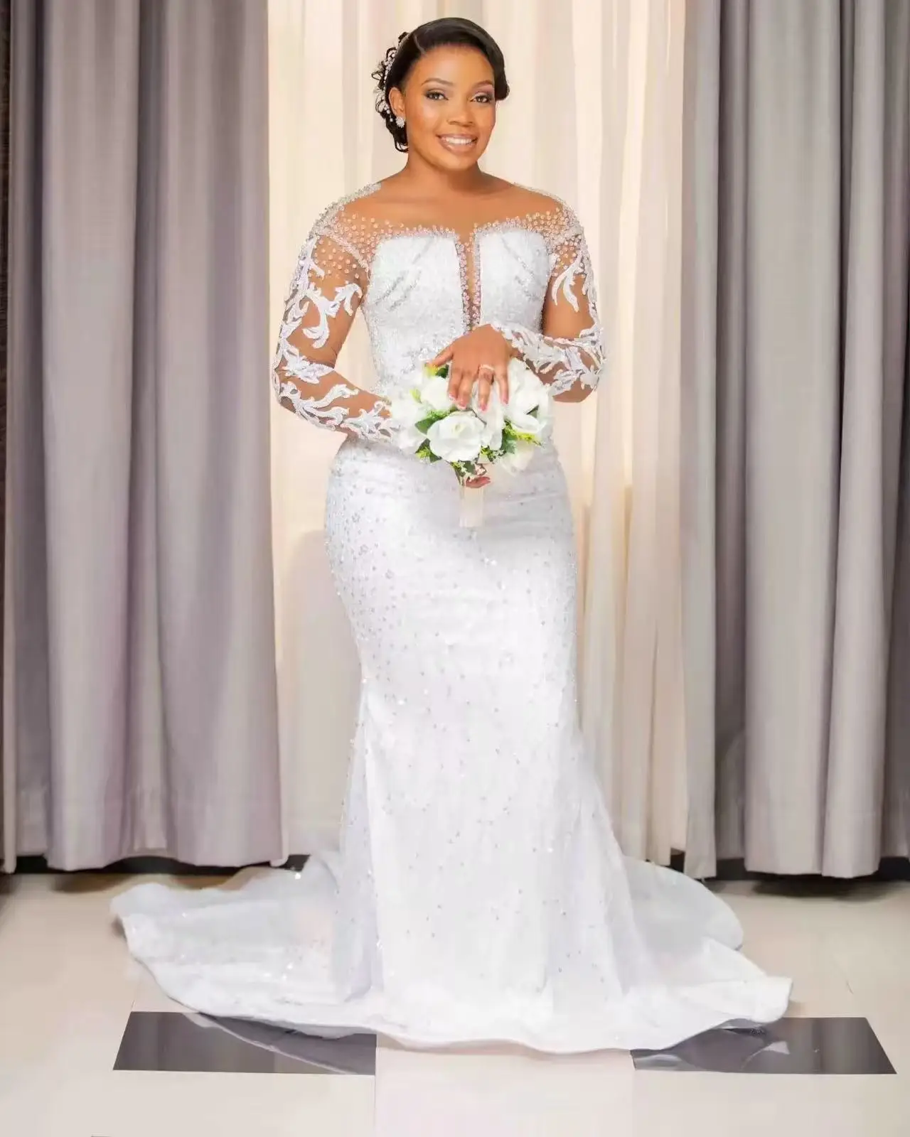 ONELIFE-vestido de novia personalizado, vestidos de novia para novia, ilusión de cuello transparente, mangas largas, apliques de encaje con cuentas