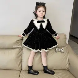 Korean Childrens Clothing 2024 Autumn and Winter New Black Bow Dress Thickened Sweet and Cute Princess Dress