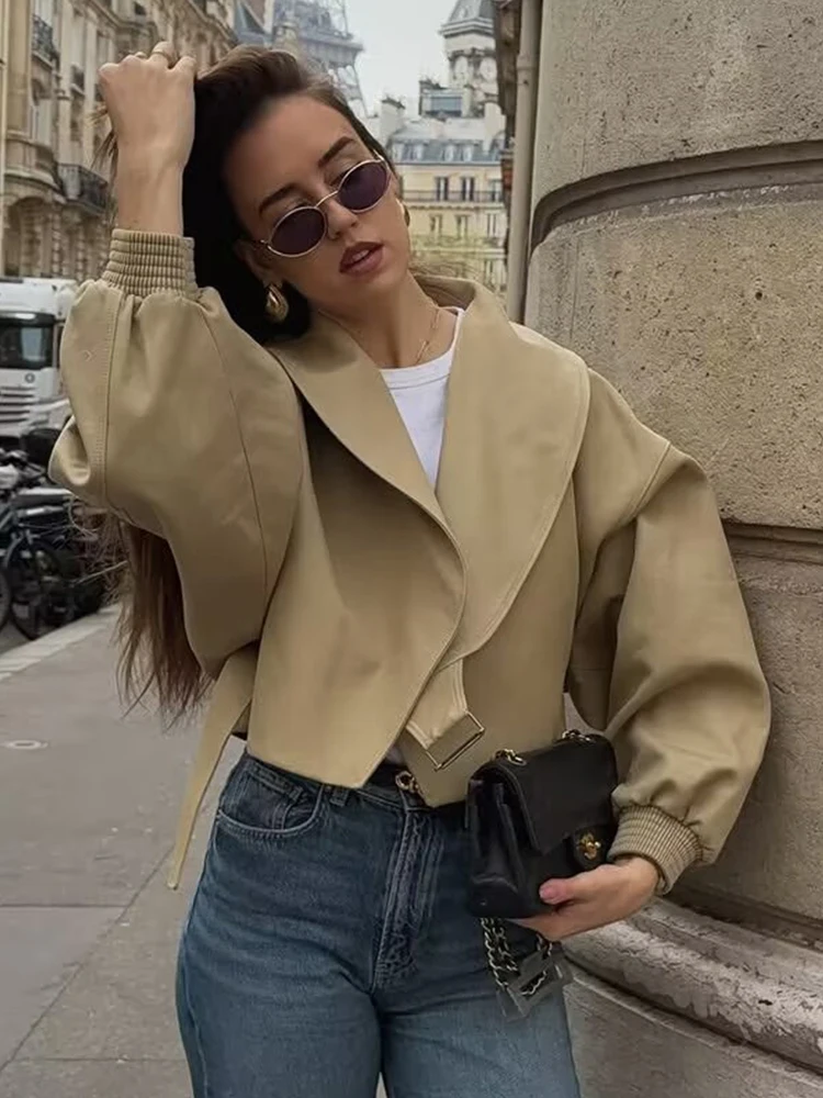 TFMLN Elegant Lapel Bomber Jacket For Women Spring Autumn Long Sleeve Solid Coats Lady High Street Casual Chic Outerwear