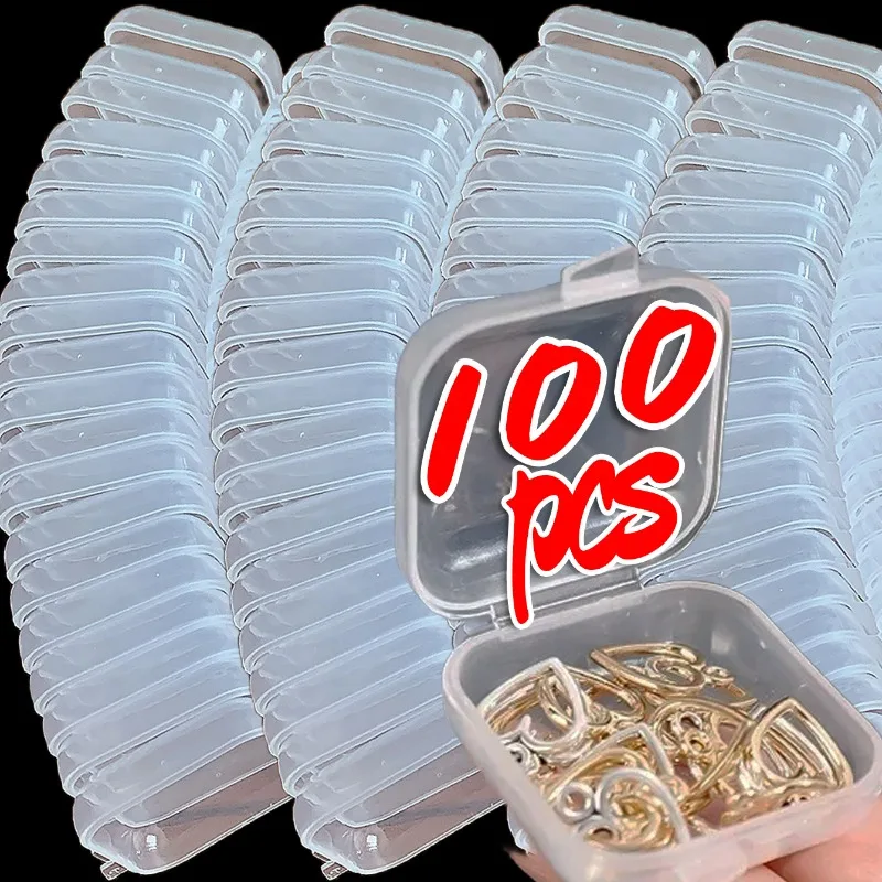 1/100Pcs Plastic Storage Box Mini Transparent Square Flip Cover Small Case Pill Jewels Dustproof Storage Pack Boxes Wholesale