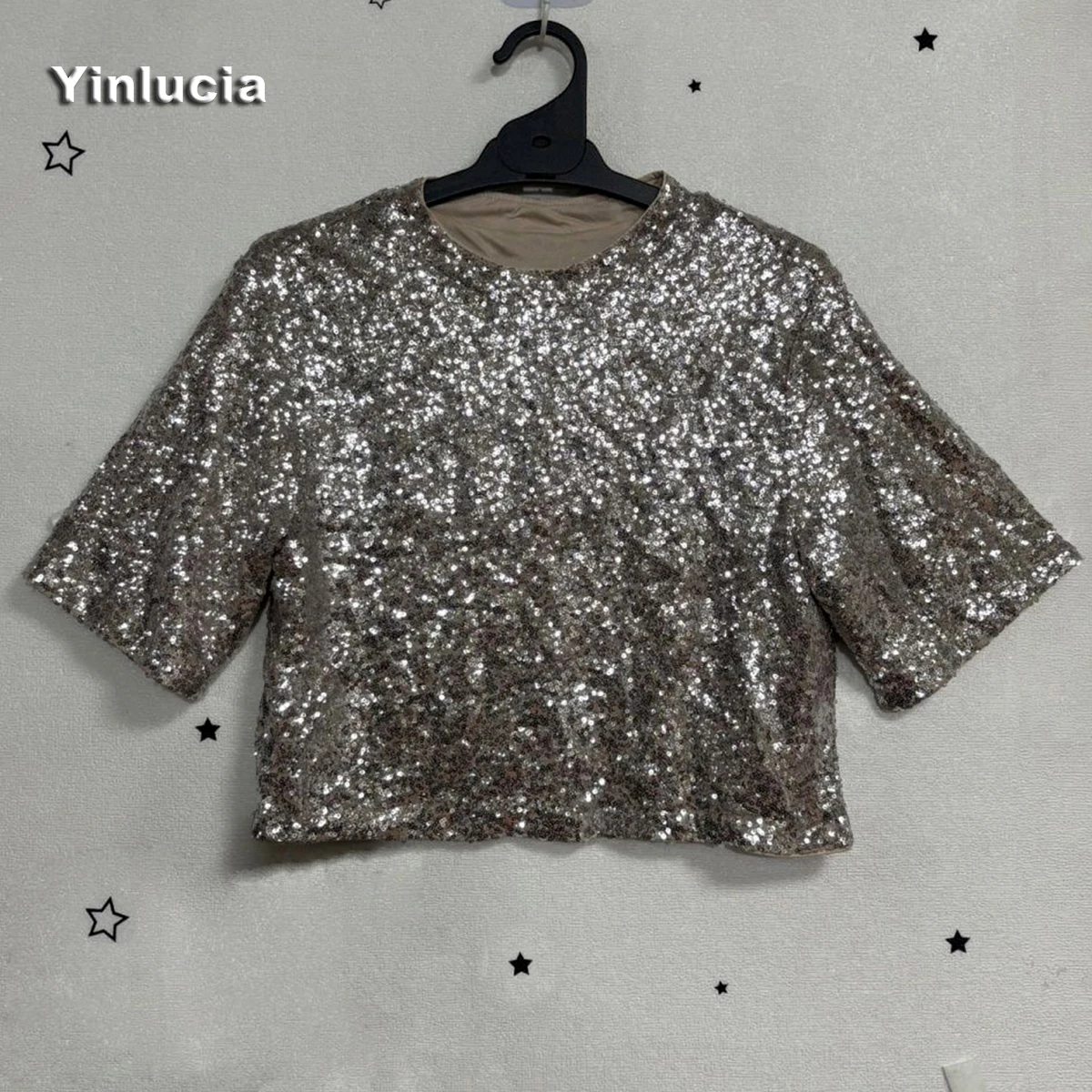 Full Sequin Shiny Tee Sexy Short Navel Tops Half Sleeve Women Blouses Party Focus Hot Babes Loose Pullover Y2K Street Wear New view 6