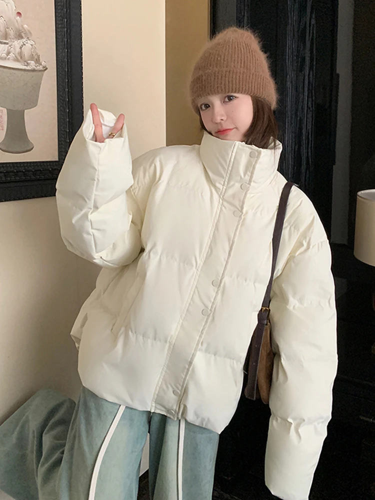 

Zoki Korean Sweet Parkas Women Preppy Style Long Sleeve Puffy Coats Winter Warm Loose Fashion Female Elegant Simple Solid Jacket