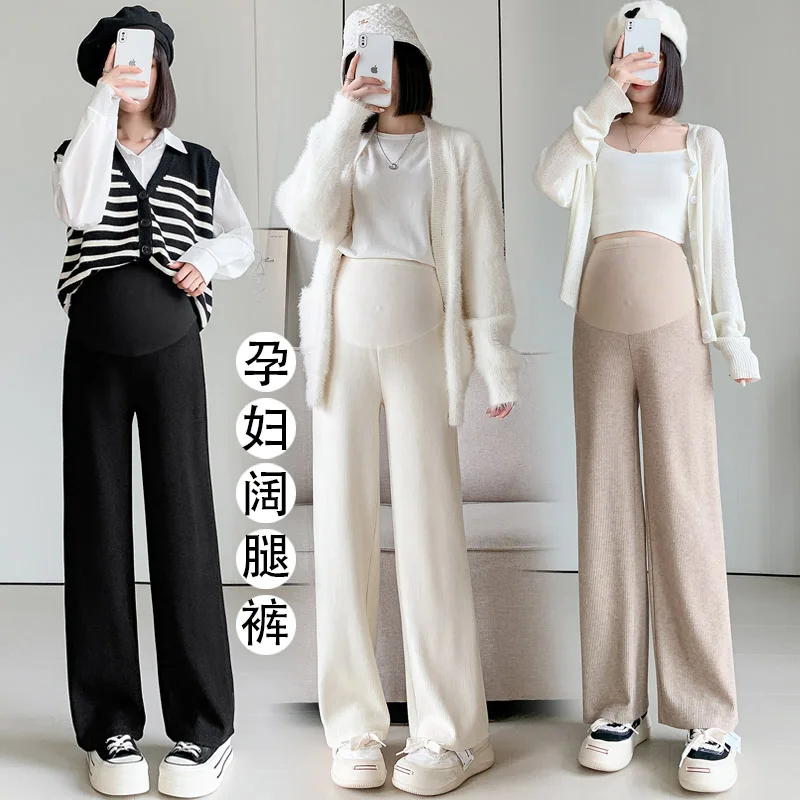 

3315# Autumn Winter Soft Light Towel Maternity Long Pants Wide Leg Loose Straight Belly Clothes for Pregnant Women Pregnancy