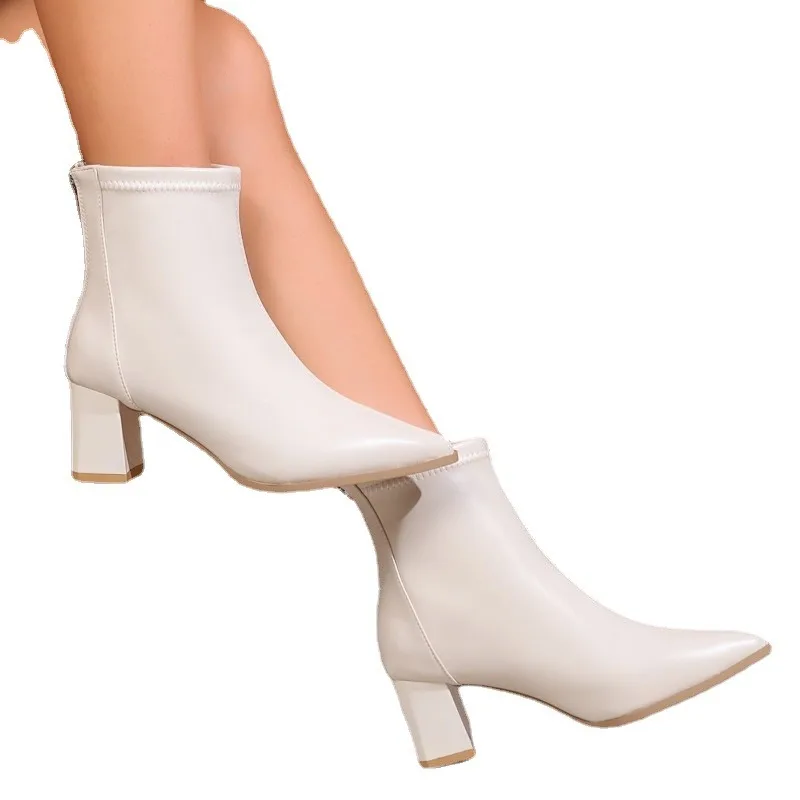 Ankle boot feminino de dedo apontado com zíper, sapato feminino de alta qualidade, monocromático, moda profissional e escritório, venda imperdível, 2023