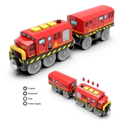 Kid Magnetic Electric Train Car locomotiva in legno Track Slot Diecast Railway con due carrozze giocattolo in legno regalo