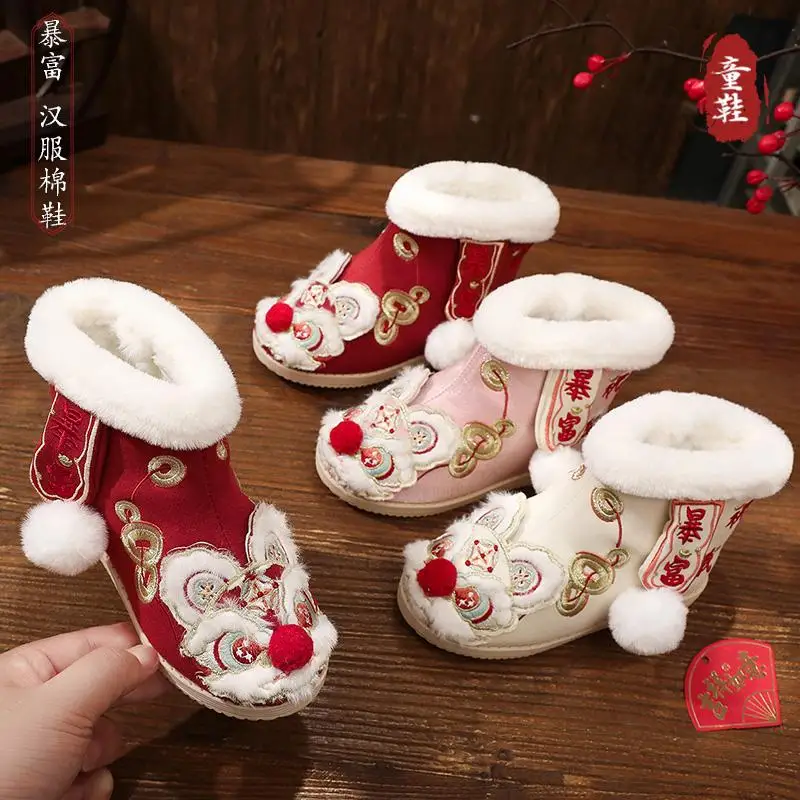 

Детская обувь Hanfu, зимние хлопковые сапоги, обувь для выступлений в древнем стиле, утолщенная хлопковая обувь в древнем стиле для девочек в этническом стиле