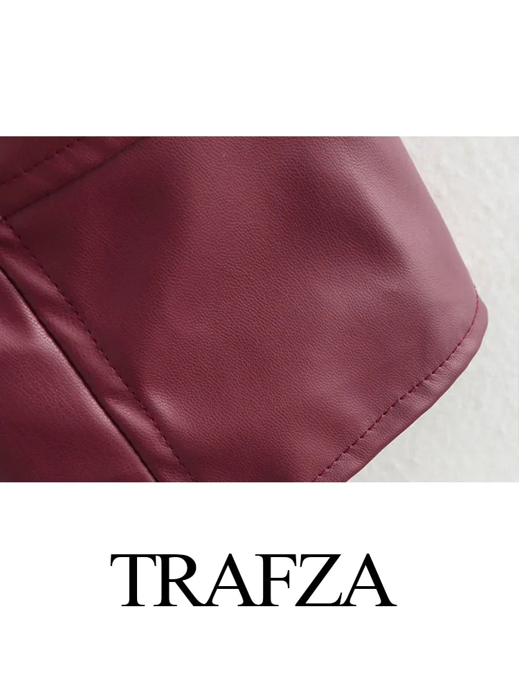 TRAFZA Women Lapel Zipper Long Sleeve Pockets Design Red Wine Coats Fashion Woman Autumn Casual Loose Jacket Coats Streetwear