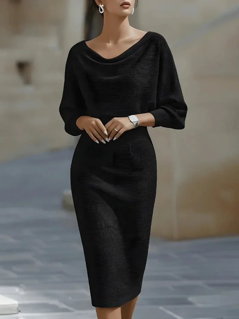 Damenkleid mit Wasserfallausschnitt und Fledermausärmeln, gestricktes Midikleid, hohe Taille, figurbetont, elegant, für den Alltag, Büro und Party. – Detail 4