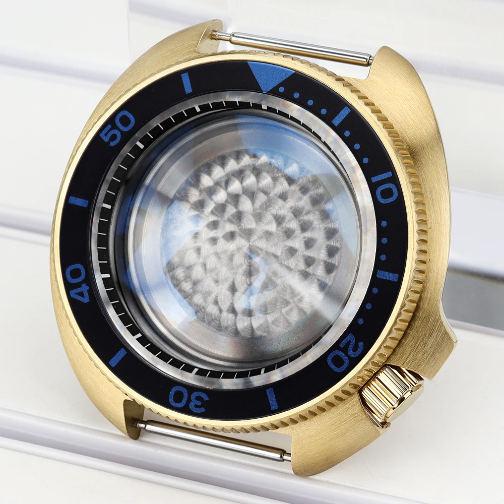 Gold PVD Diver Watch Case 44mm AR Sapphire Glass 4.1 Oclock For 6105 Turtle Abalone Style Watch Parts Accessories NH35 NH36 Movt