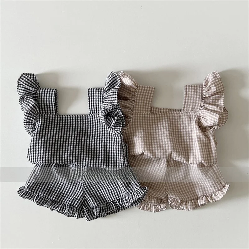 Children's ins k-style summer new suit for girls and babies plaid lace elastic waist casual shorts two-piece set