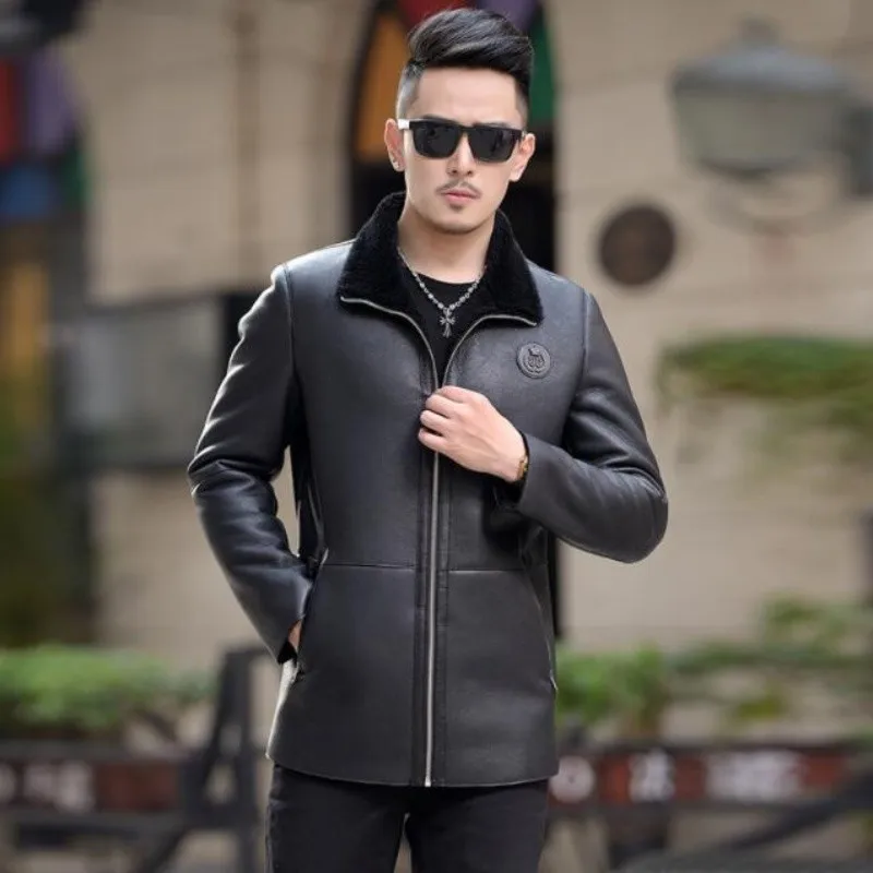 Hot Winter New Leather Coat Men Silk Cotton Leather Jacket Mens Slim Fashion Korean Male Lapel Lamb Fur Collar Outerwear