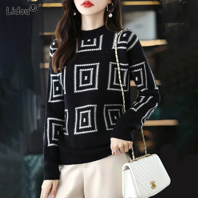 

2022 Mock Neck Preppy Style Knitting Sweater Thick Autumn Winter Argyle Spliced Women's Clothing Keep Warm Comfortable Pullovers