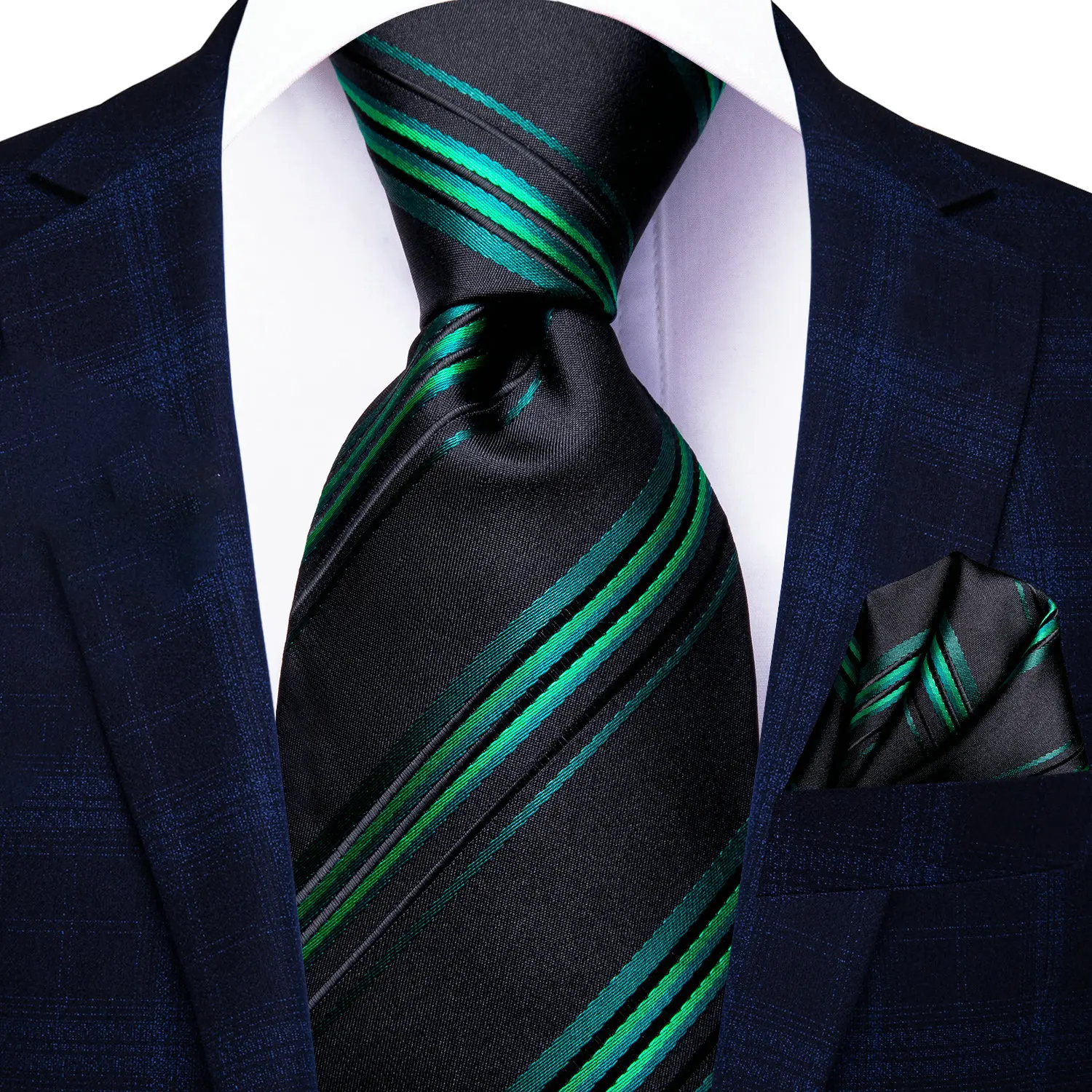 VERVEROW Men Black Green Double Stripe Necktie Pocket Square Set Glossy Formal Tie Handkerchief for Wedding Business Occasions