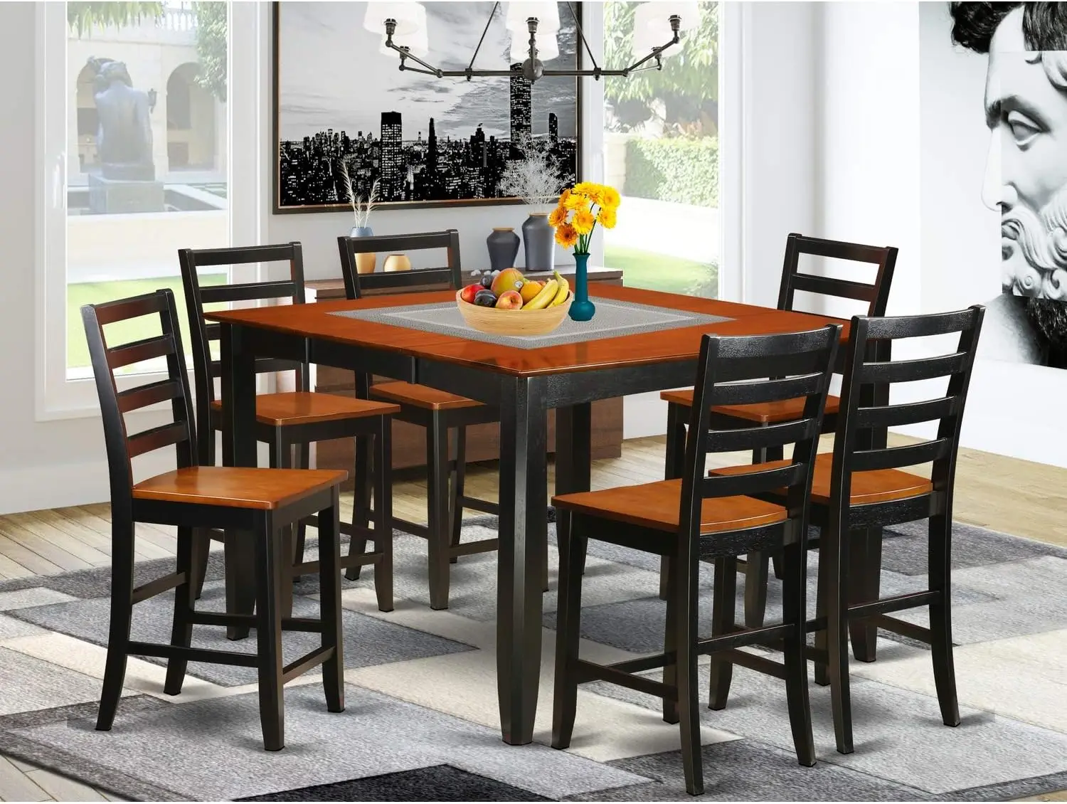 7 Piece Kitchen Counter Height Set Consist of a Square Pub Table with Pedestal and 6 Dining Room Chairs, 54x54 Inch