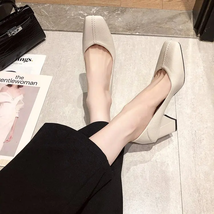 2022  New Women  High Heels Set Foot Comfort Square Heel Sexy Prom Wedding Shoes PU Leather Women Shoes High Heel   Basic
