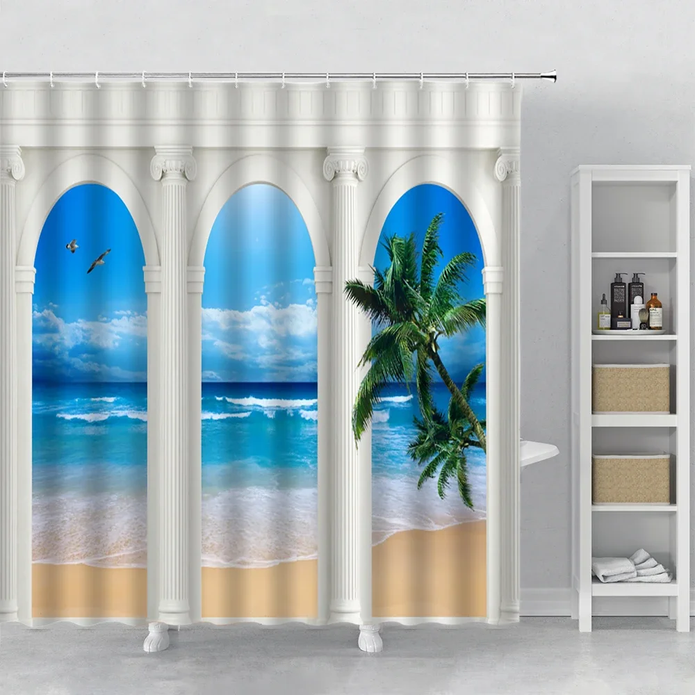 3D Roman Column Palace Sea View Shower Curtain Green Palm Tree Lake Landscape Bathroom Decor Bath Curtain Polyester Fabric Hooks