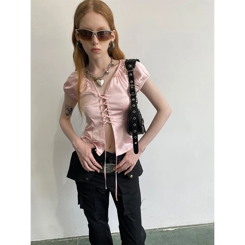 MEXZT Y2K Cropped Pink Shirts Women Sexy Hollow Out Bandage Blouses Summer Korean Aesthetic Fashion Short Sleeve Slim Tops New