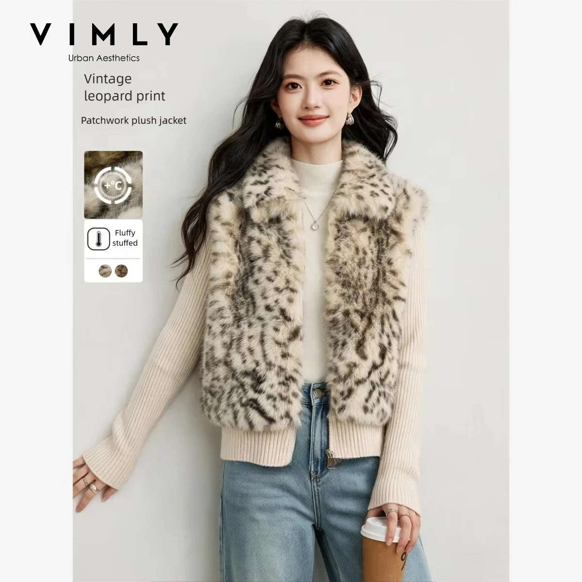 VIMLY Faux Fur Leopard Print Patch Knit Jacket 2026 Winter New Apricot Two-piece Look Warm Coat Fashion Female Outerwear 32055