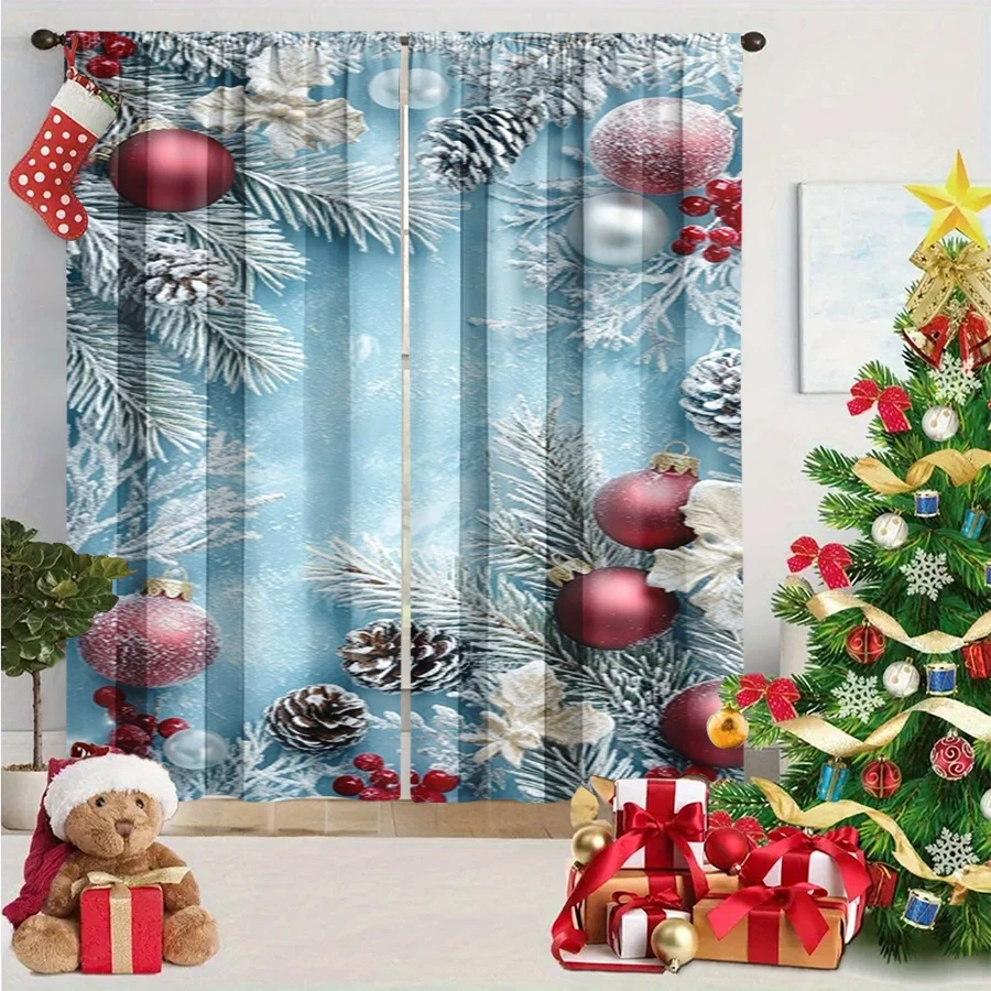 2PCS Christmas Winter Curtains, Snowy Pine Branch Ball Berry Cone Blue, Digital Print, Bedroom Living Room, Home Decor