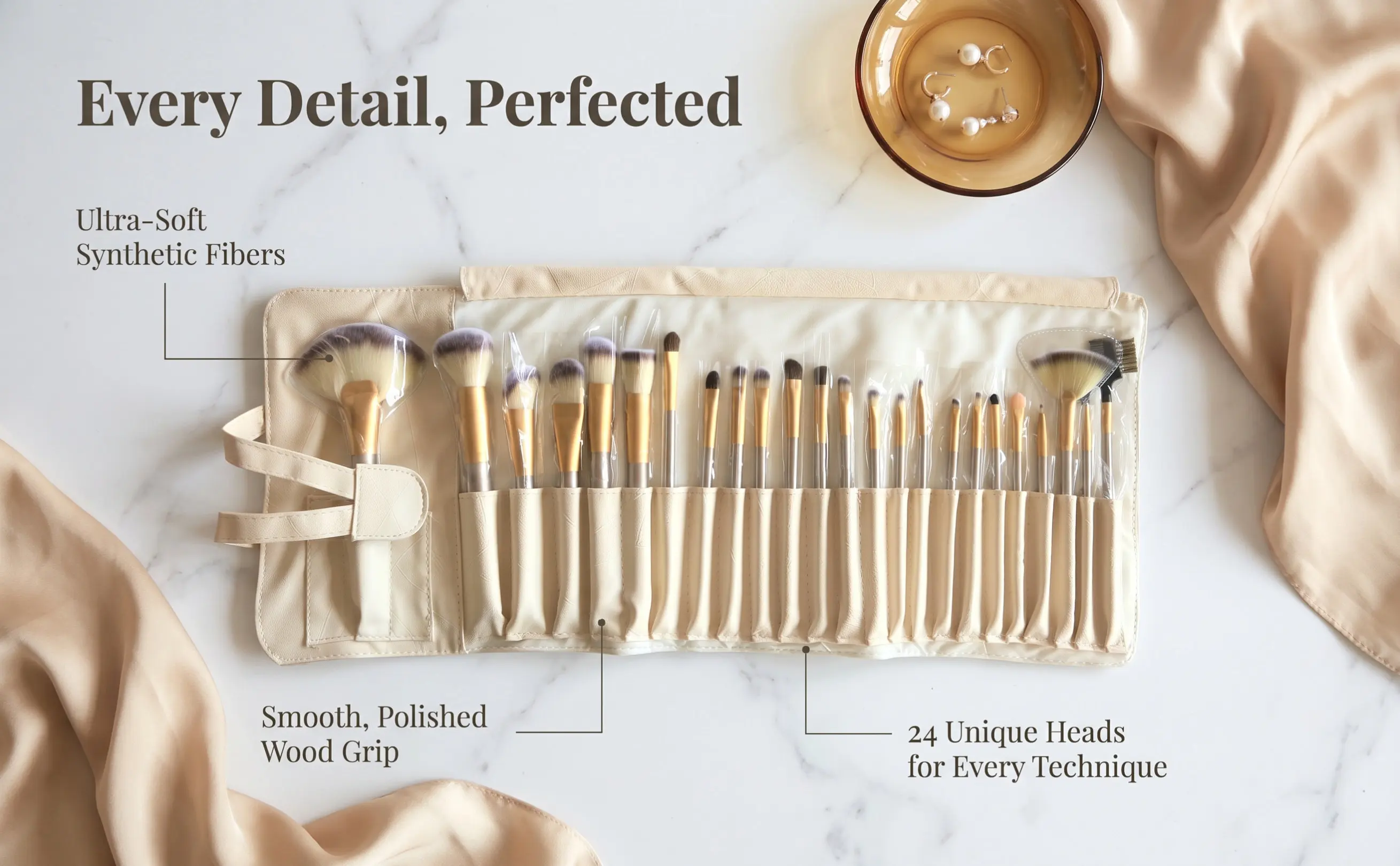 24Pcs Luxury Makeup Brush Set Wooden Handle Fiber Aluminum Bristles Compact Pouch for Travel Home Beauty Routine Skin Friendly