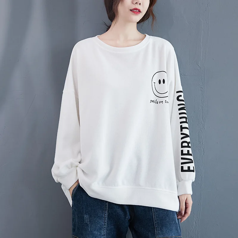 Johnature Pullover tebal wanita, baju hangat longgar Semua cocok musim gugur musim dingin 2024, Sweatshirt motif huruf O-neck, Pullover tebal baru musim gugur musim dingin