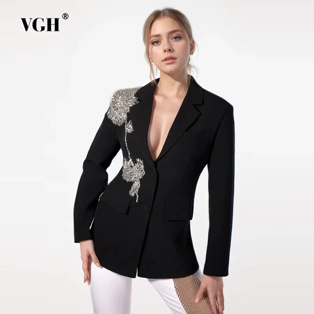 

VGH Solid Patchwork Diamonds Blazers For Women Notched Collar Long Sleeve Spliced Single Breasted Minimalist Blazer Female New