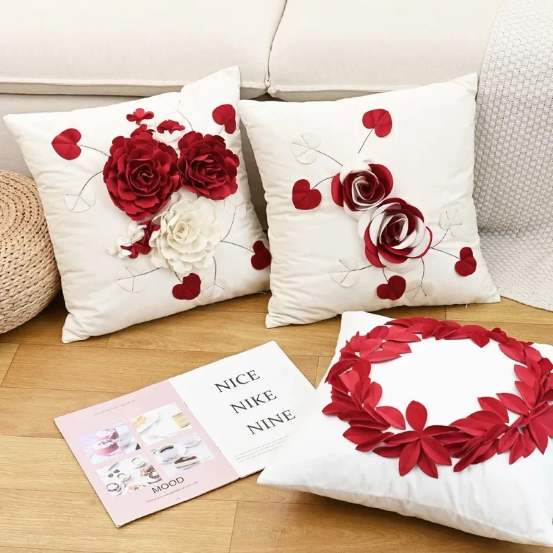 3D Handmade Rose Splice Sofa Cushion Cover Solid Color Velvet Pillow Covers Decorative Light Luxury Home Sofa Protect Pillowcase