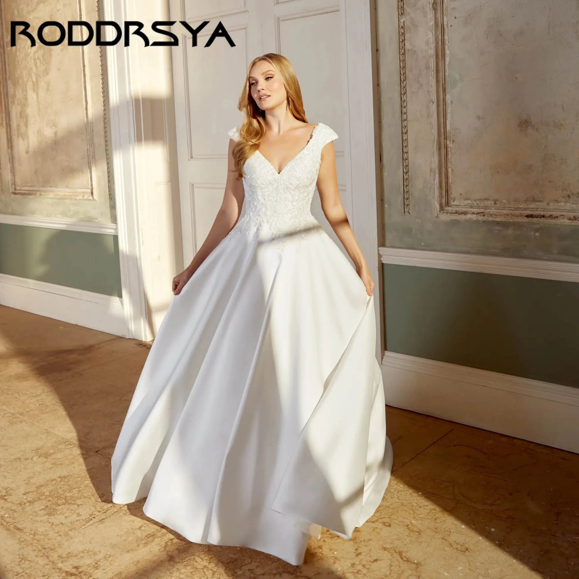 

RODDRSY V-neck Cap Sleeves Wedding Gowns A-line Satin Appliques Bridal Dresses Classic Back Buttons vestidos de novia Customized