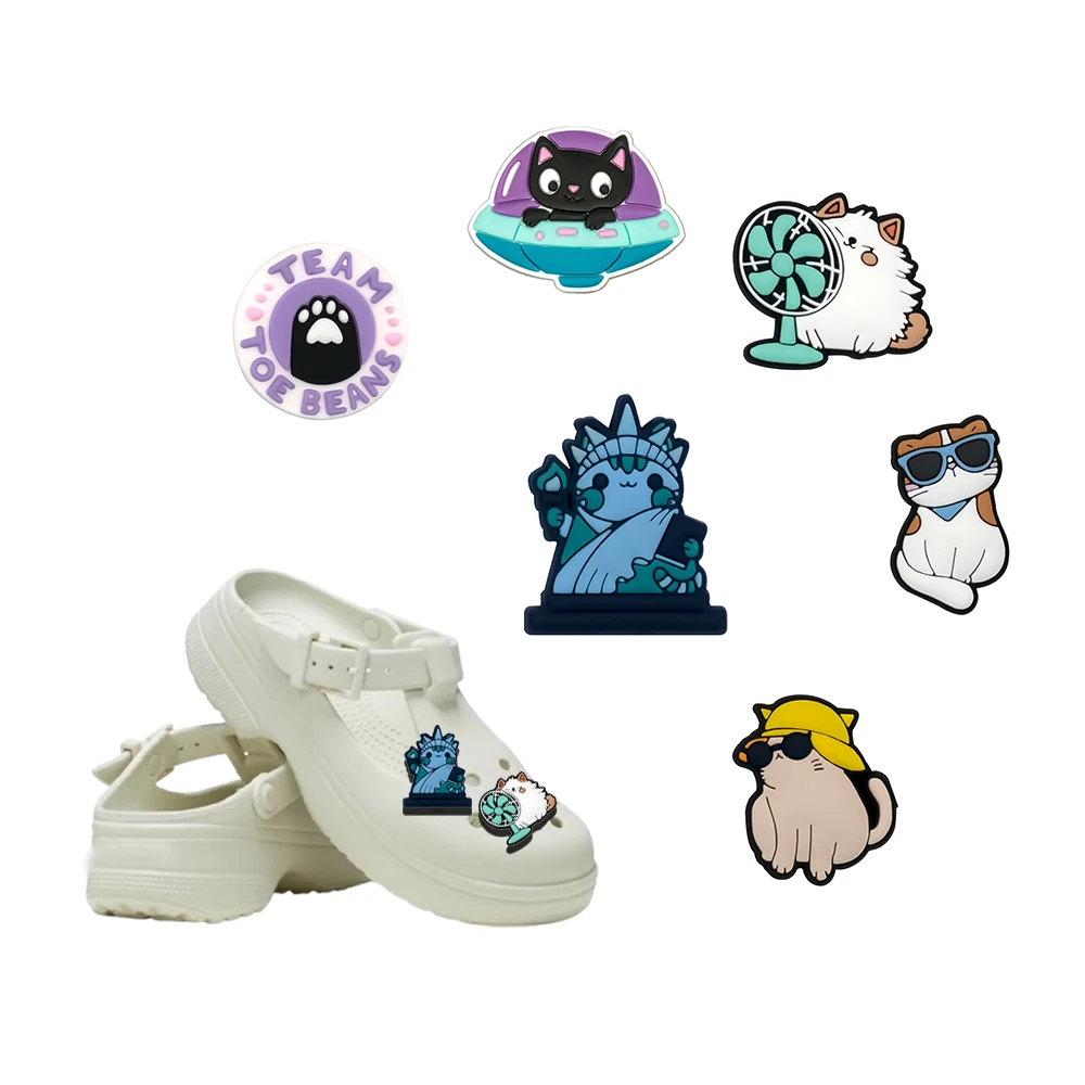 6pcs New Cute Cat CatS Shoes Charm Decorations Mixed set PVC Decoration Fall winter Detachable Waterproof For Xmas Gifts
