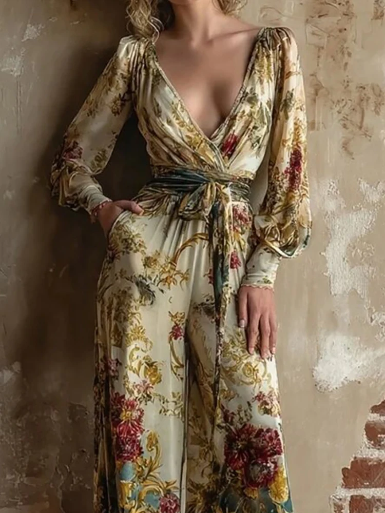 Deep V Neck Spring Summer Chic Jumpsuits, Women Holiday Printing Patchwork Loose Playsuits, Long Sleeve Lace-Up Ladies Bodysuits