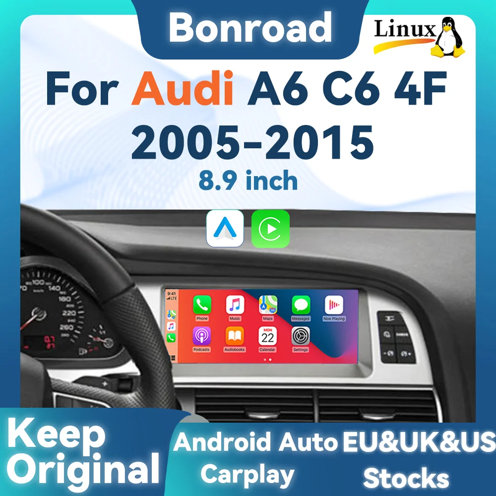 BONROAD 8,9 Zoll Autoradio Multimedia-Player Touchscreen für Audi A6 C6 4F 2005-2015 mit Wireless CarPlay Android Auto Airplay Autolink Mirroring GPS-Navigation Display Stereo