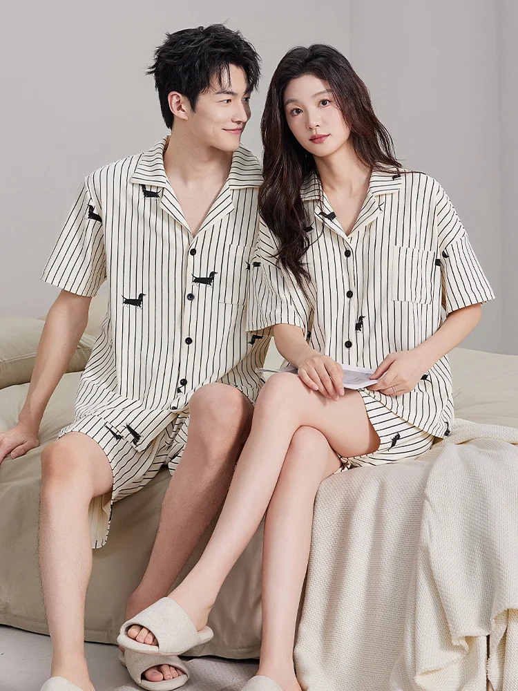 Couple's Summer Sleepwear Thin Cotton Simulation Short Sleeve Striped Set Men's Women's Home Clothes Comfortable Casual Style