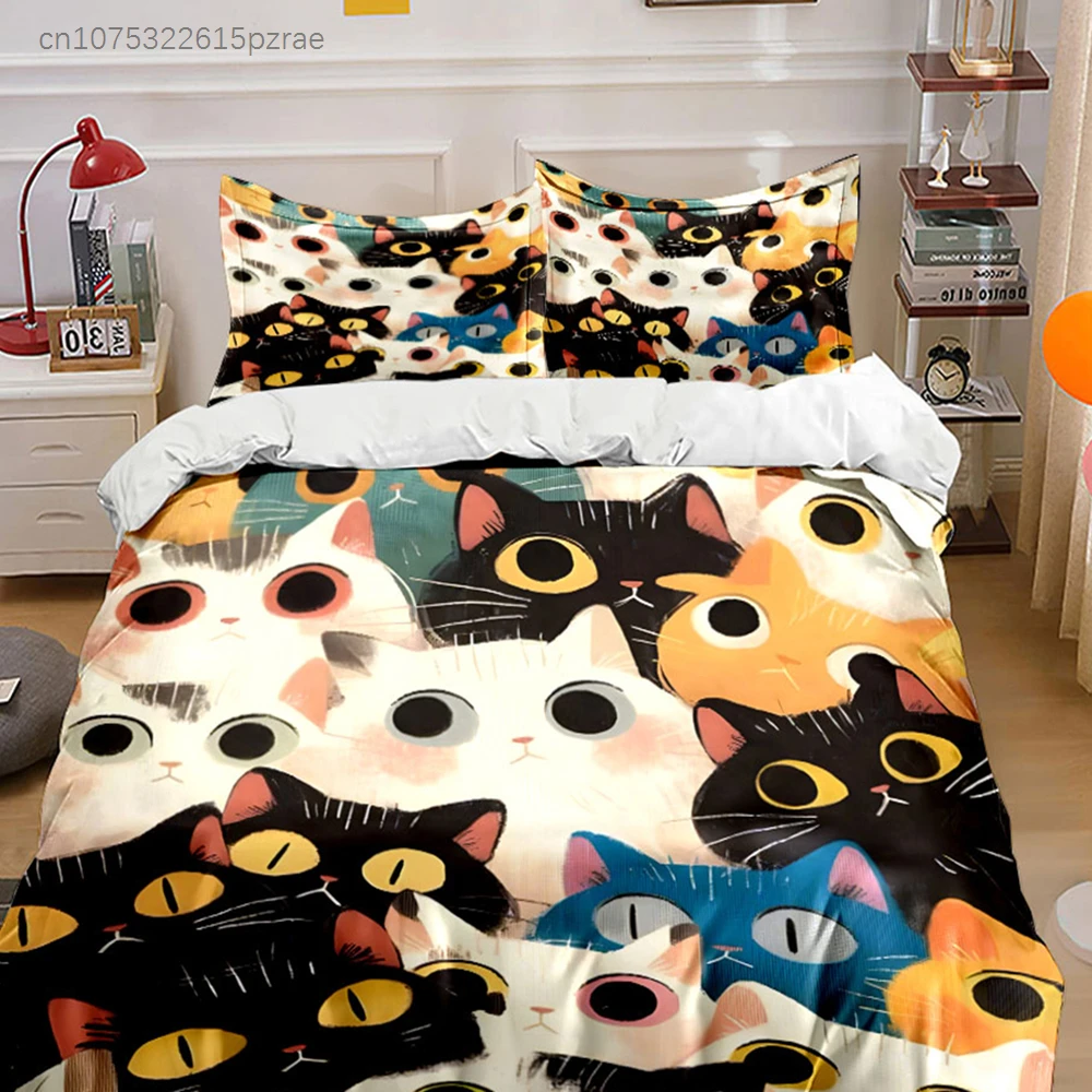 Cute Cat Print Bedding Set - Cozy Bedroom Decor Multiple Sizes kid's And adults' Bedroom Exquisite 3PC Bedding set, Gift