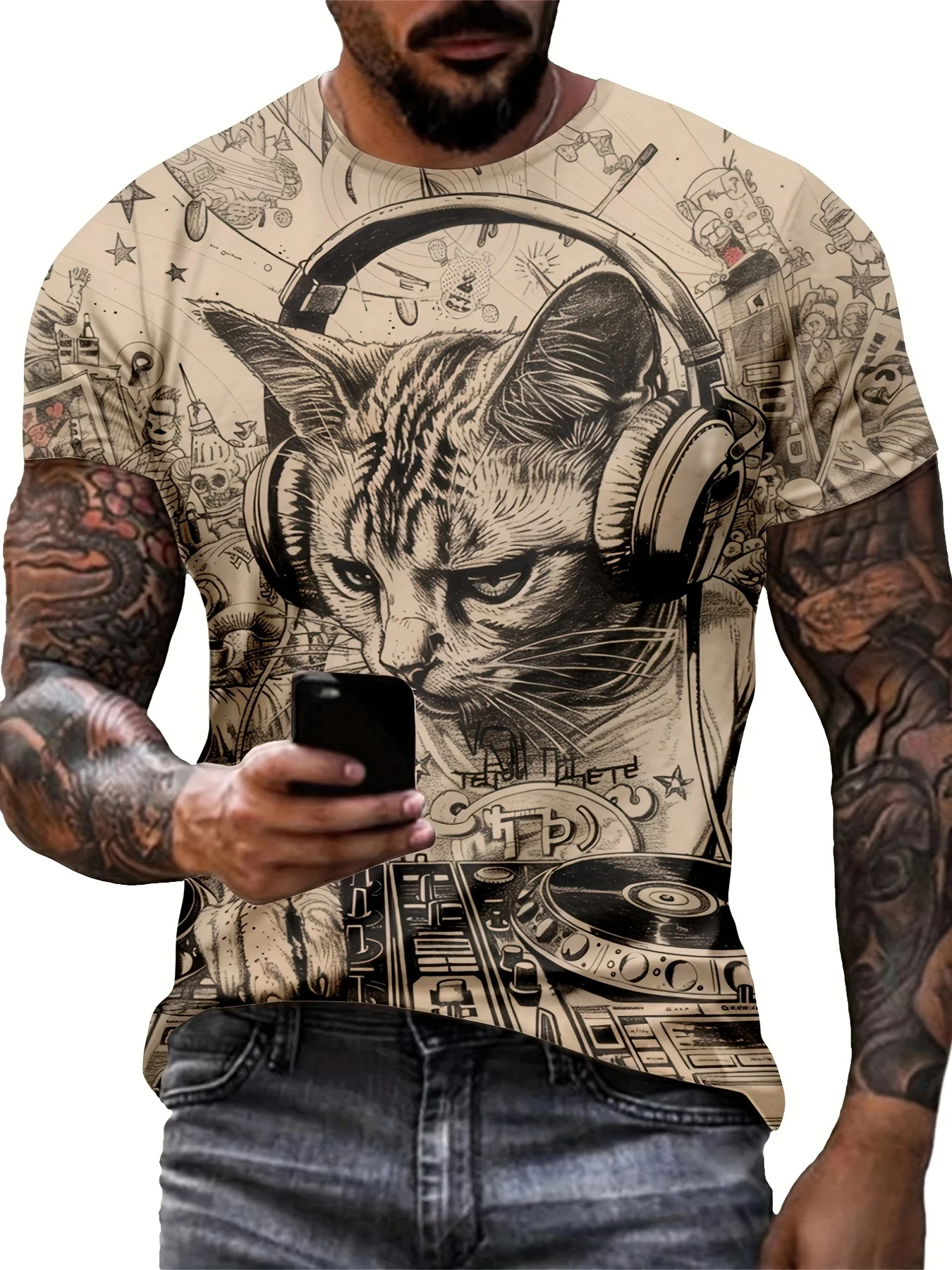 

Уличная повседневная футболка с рисунком DJ Cat — уникальный дизайн, летняя незаменимая, идеально подходящая для уличного стиля и одежды в спортзале