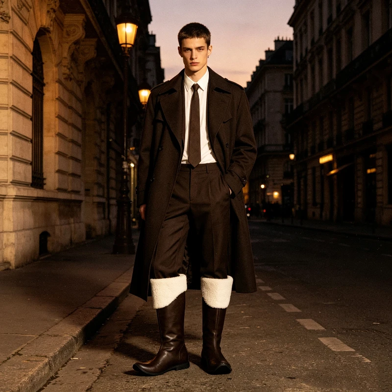 Vintage Men Brown High Boots With White Furry Top Warm Tall Black Boots Medieval Retro Streetwear Long Leather Cosplay Boots