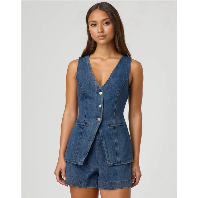 ABRT-ผู้หญิง DENIM 2 ชิ้นชุดลําลอง V คอ Jean เสื้อกั๊กเสื้อและกางเกงขาสั้นเอวสูงชุด tracksuits