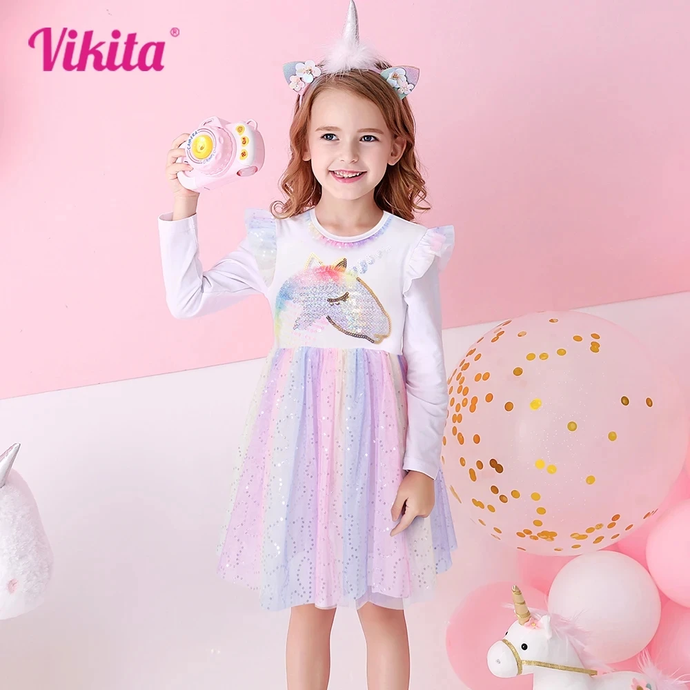 

VIKITA Girl Long Sleeve Autumn Spring Dress Kids Licorne Dresses for Girl Party Princess Patchwork Flare Dress Children Clothing