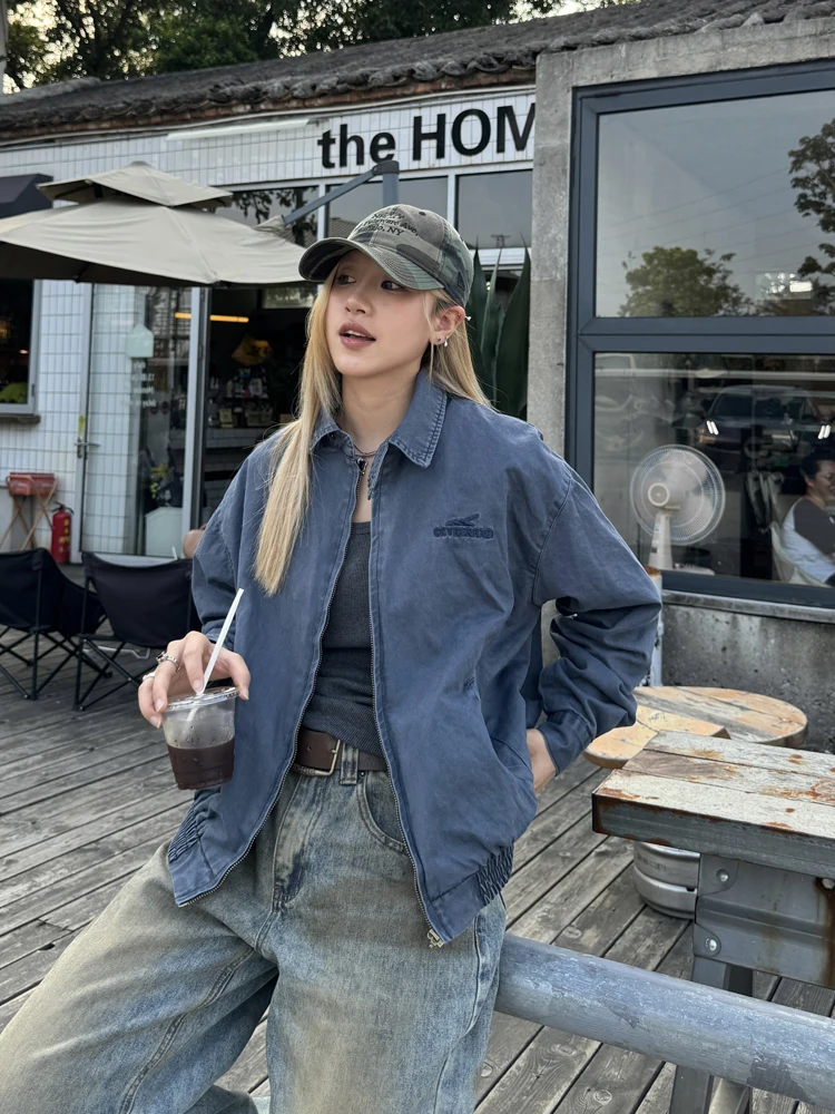 

CCYE Brand Vintage Waed American Sle ort Jaet ex Boxy Workwear Coat Street Sle Long Sve Zipper Closure