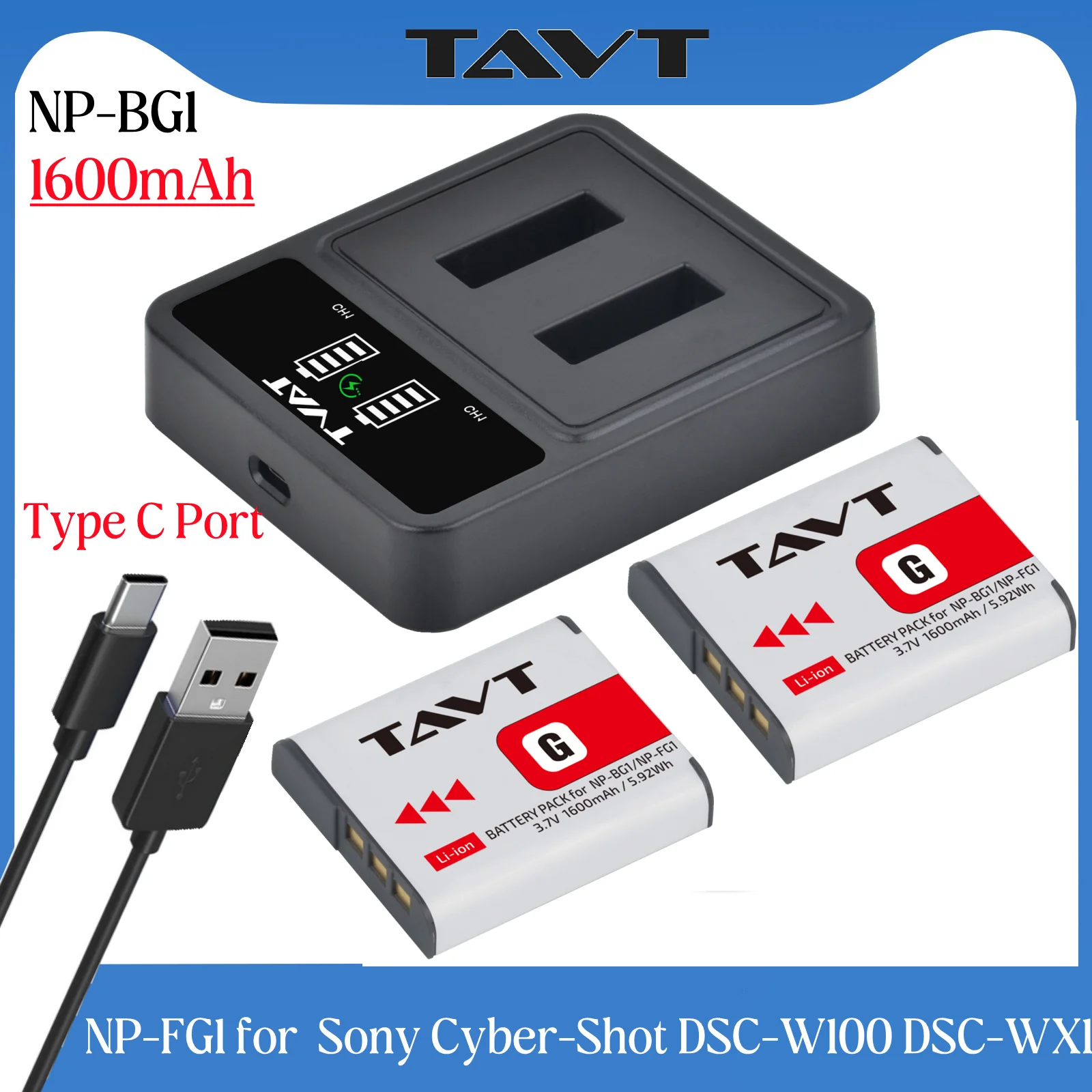 TAVT NP-FG1 NP-BG1 Battery with PD20W Rapid Charger for Sony Cyber-Shot DSC-W100 DSC-WX1 DSC-H50 DSC-H55 DSC-H3 DSC-H7 DSC-H10