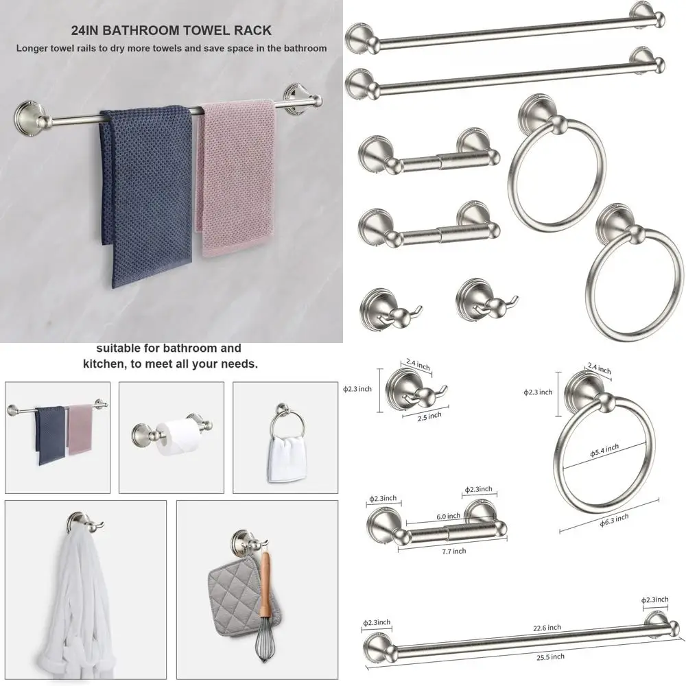 

Brushed Nickel 8-Piece Bathroom Accessory Set: Towel Bars, Toilet Paper Holders, Rings, and Hooks
