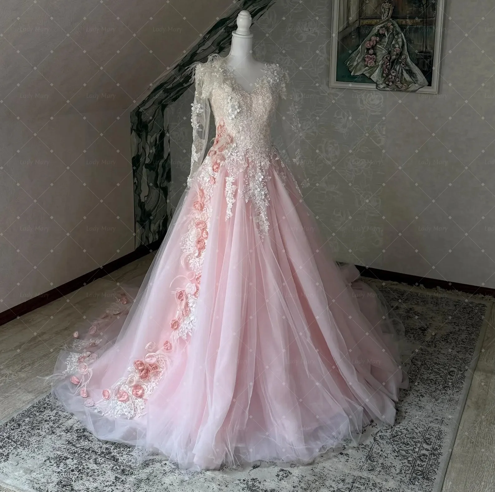 Designer Sweet Pink Wedding Dresses Lace Applique 3D Floral 2026 Spring Garden Bridal Gown Long Sleeves Robe De Mariée Customize