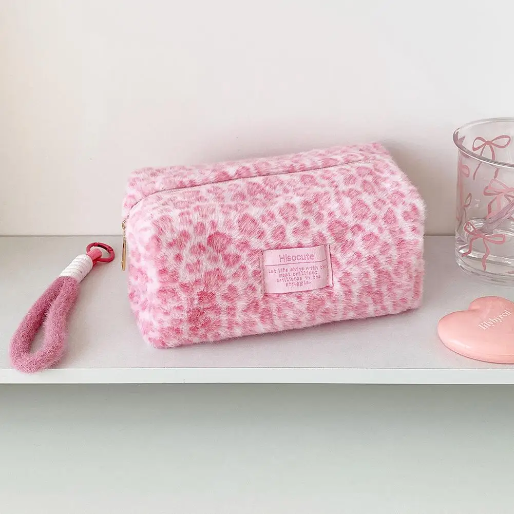 Leopard Print Plush Makeup Bags with Handle Portable Travel Cosmetic Storage Bag Toilet Bag Cute Pencil Case Fashion Handbag image 6